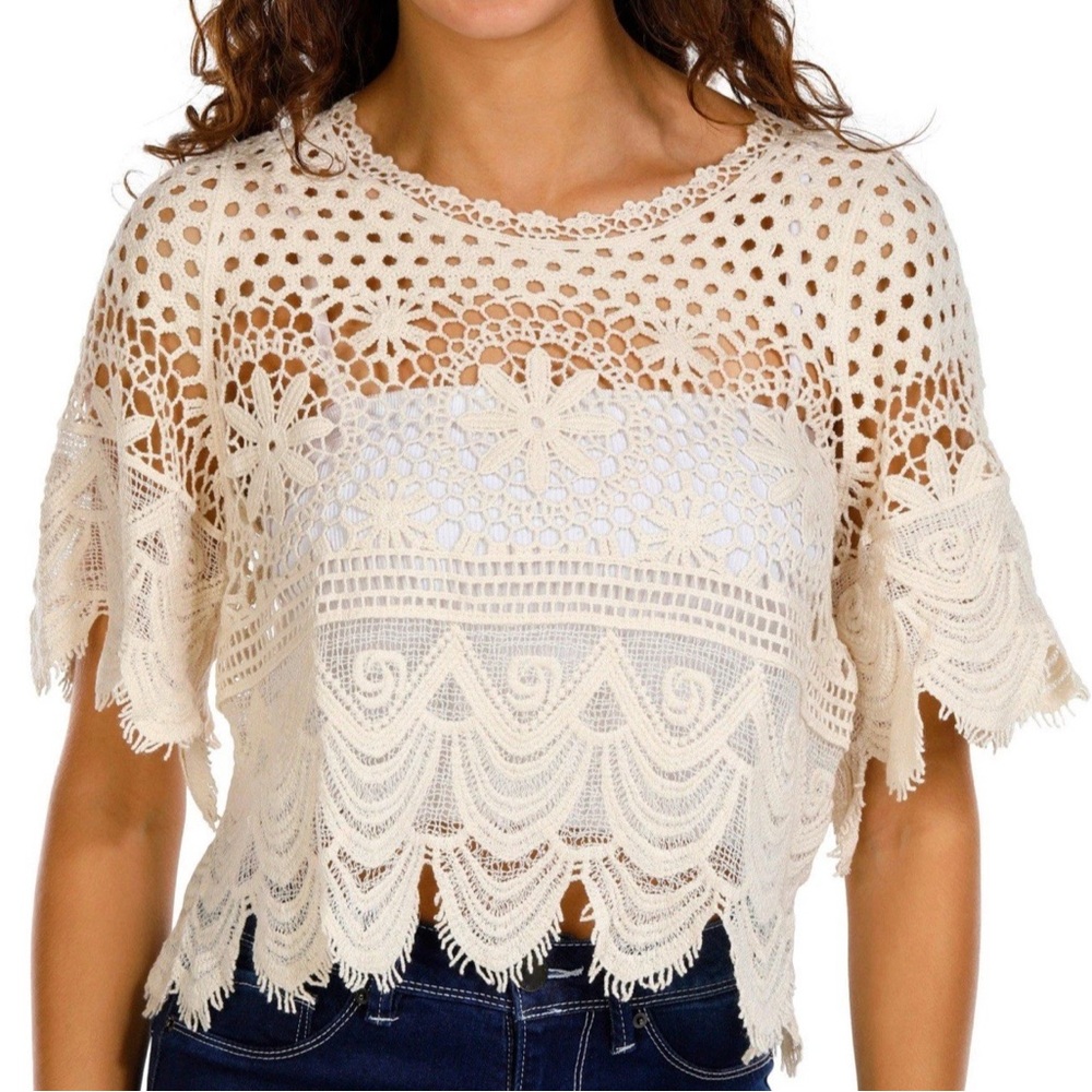 Vintage Y2K Rebellion Again Women’s Ivory Crochet Boho Hippie Festival Top SZ M